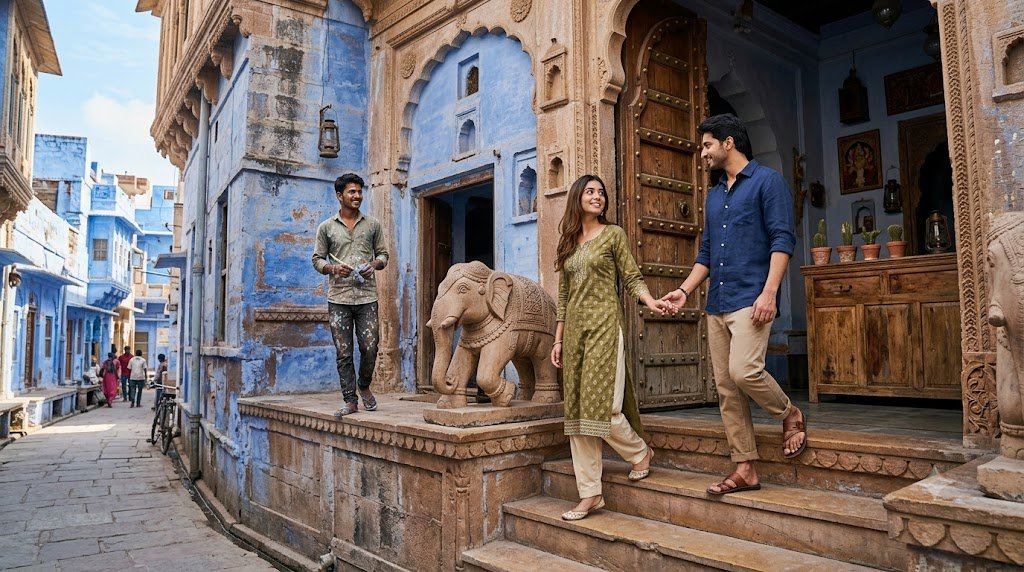 जोधपुर की नीली गलियों में 600 साल पुरानी हवेली के प्रवेश द्वार पर हया और समर्थ