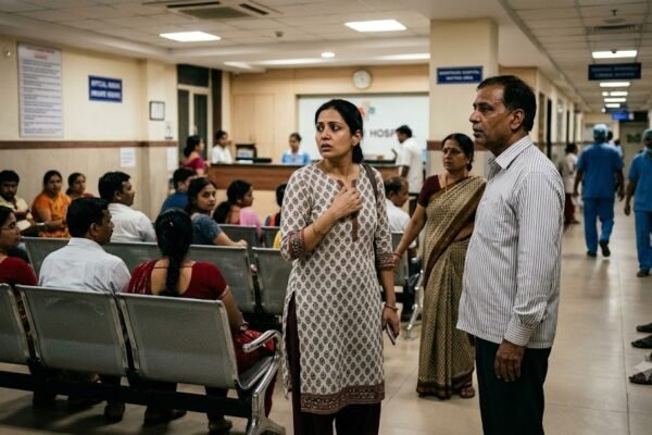 अस्पताल के प्रतीक्षालय में अपनी छोटी बच्ची को तलाशती चिंतित माँ।