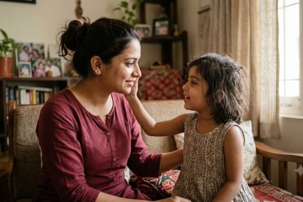 बात करते समय मां का चेहरा छूता हुआ छोटा बच्चा