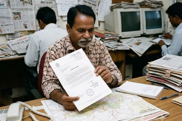 वर्ष 2001 के आसपास अखबार के दफ्तर में तबादले का आदेश पढ़ता पत्रकार