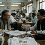 दैनिक भास्कर में संपादक और रिपोर्टर के बीच संवाद को दर्शाता पुराने हिंदी समाचार कक्ष का दृश्य