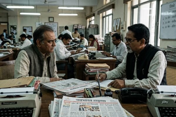 दैनिक भास्कर में संपादक और रिपोर्टर के बीच संवाद को दर्शाता पुराने हिंदी समाचार कक्ष का दृश्य