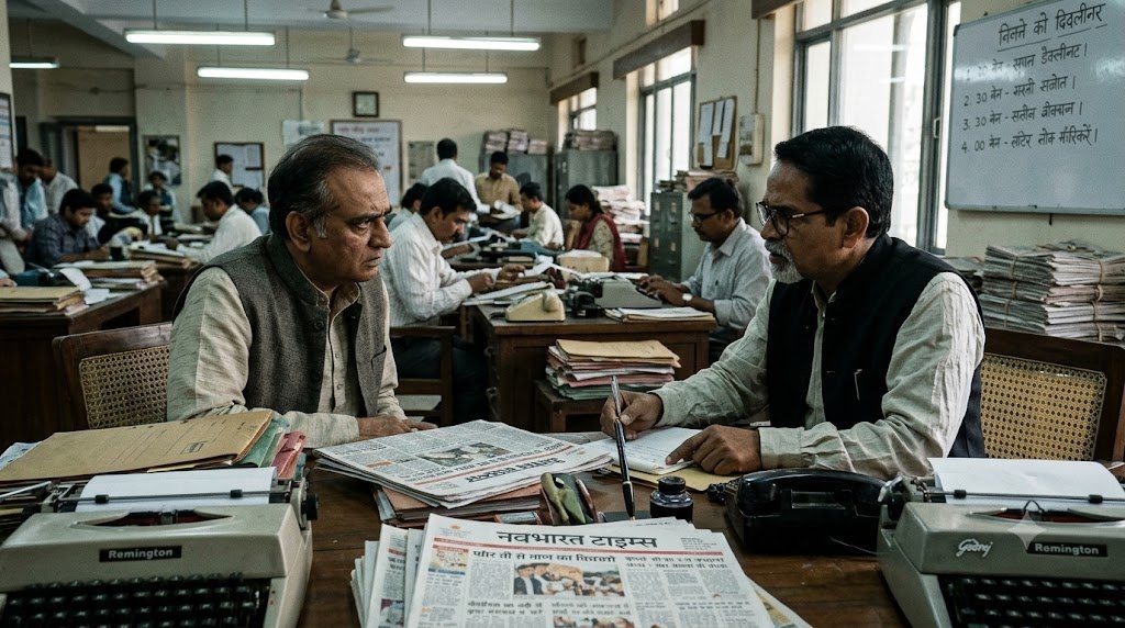 दैनिक भास्कर में संपादक और रिपोर्टर के बीच संवाद को दर्शाता पुराने हिंदी समाचार कक्ष का दृश्य