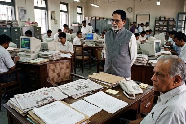 त्रकारिता में आत्मसम्मान, कार्यस्थल की राजनीति और पेशेवर चुनौतियों को दर्शाता दृश्य।