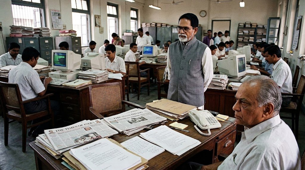 त्रकारिता में आत्मसम्मान, कार्यस्थल की राजनीति और पेशेवर चुनौतियों को दर्शाता दृश्य।