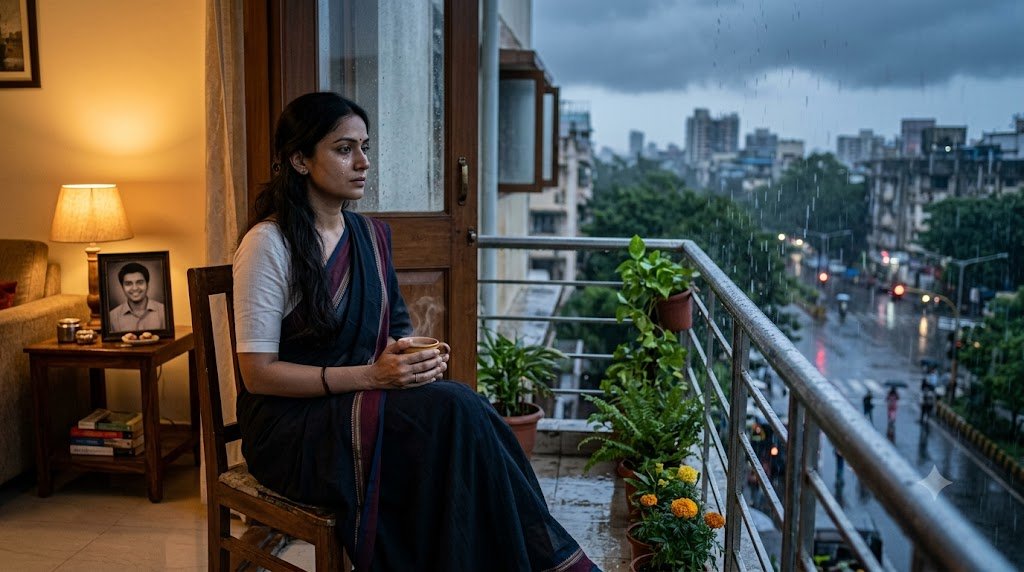 बारिश के बीच नई जिंदगी के बारे में सोचती मेघा