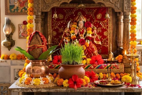 नवरात्रि पूजा में कलश स्थापना, नारियल, आम के पत्ते और जलता हुआ दीपक