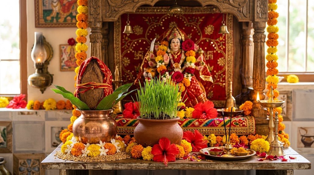 नवरात्रि पूजा में कलश स्थापना, नारियल, आम के पत्ते और जलता हुआ दीपक