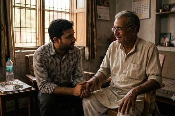 पने बेटे का हाथ थामे भावुक बुजुर्ग भारतीय पिता