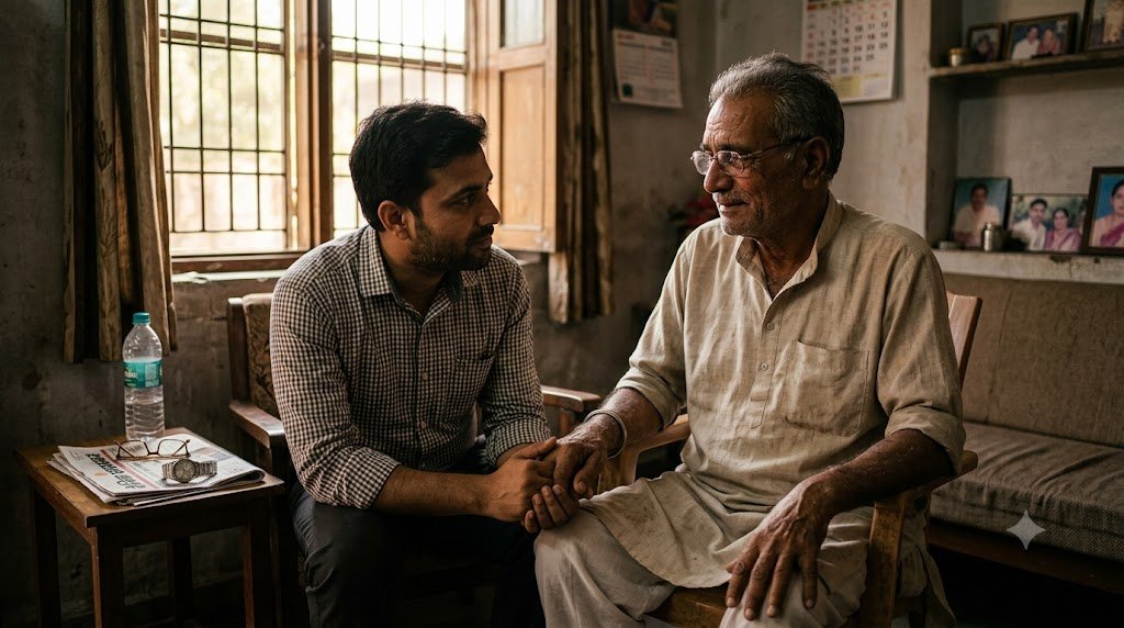 पने बेटे का हाथ थामे भावुक बुजुर्ग भारतीय पिता