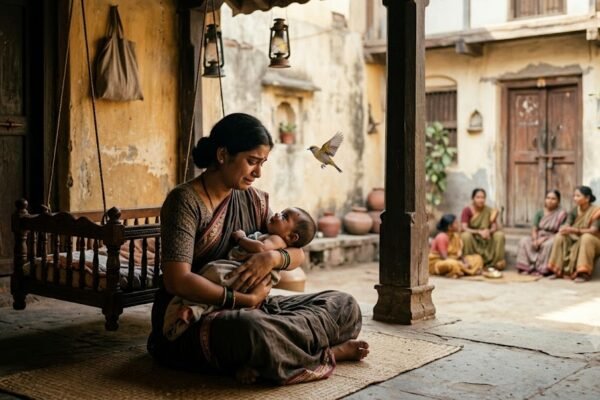 पालने में सोते अनाथ बच्चे के पास मंडराती चिड़िया और ममता से भरी स्त्री