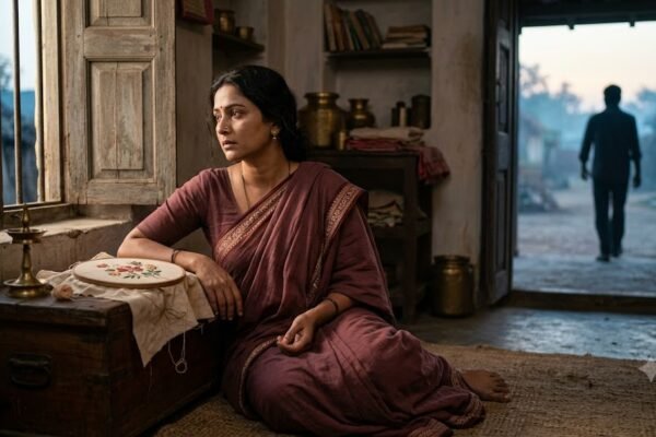 खिड़की के पास बैठी स्त्री, जिसकी आँखों में अधूरे सपनों और पुरानी यादों की उदासी है।