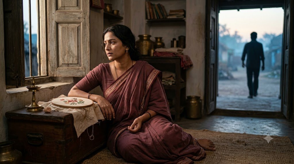 खिड़की के पास बैठी स्त्री, जिसकी आँखों में अधूरे सपनों और पुरानी यादों की उदासी है।