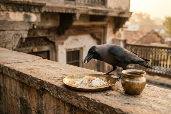 पितृपक्ष के दौरान घर की छत पर रखे भोजन को खाते कौए का दृश्य