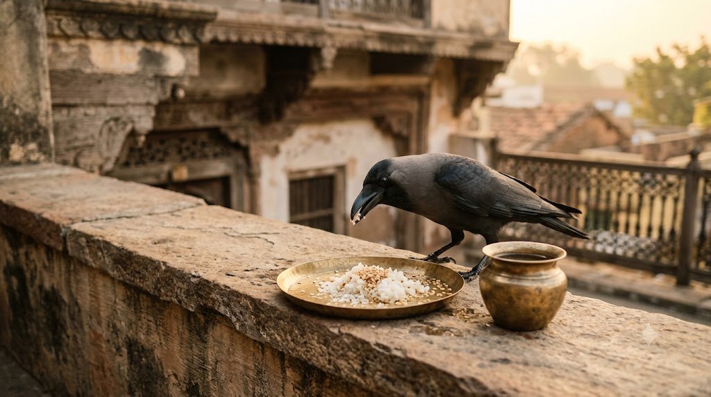 पितृपक्ष के दौरान घर की छत पर रखे भोजन को खाते कौए का दृश्य