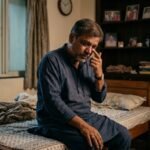 अकेले बैठे भावुक पुरुष के चेहरे पर छिपे दर्द को दर्शाती यथार्थवादी तस्वीर