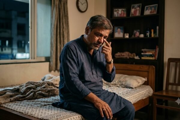 अकेले बैठे भावुक पुरुष के चेहरे पर छिपे दर्द को दर्शाती यथार्थवादी तस्वीर