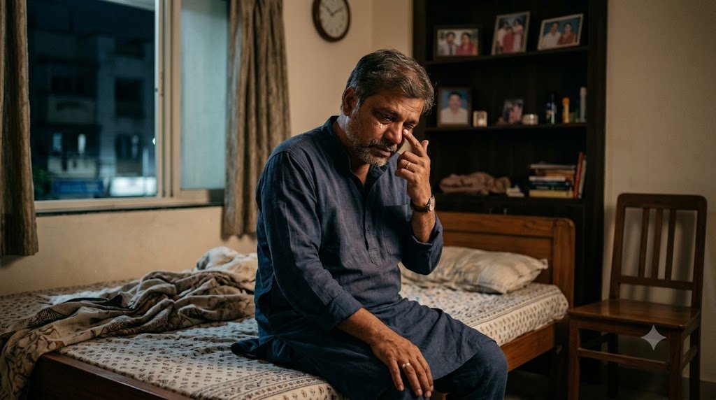 अकेले बैठे भावुक पुरुष के चेहरे पर छिपे दर्द को दर्शाती यथार्थवादी तस्वीर