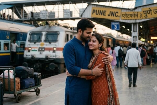 लंबी दूरी के बाद रेलवे स्टेशन पर एक-दूसरे से मिलते राघव और रिद्धिमा।