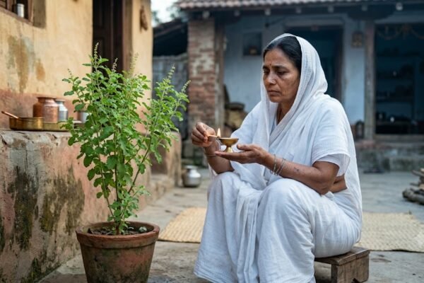 सफेद साड़ी पहने तुलसी के पास दीप जलाती एक विधवा स्त्री