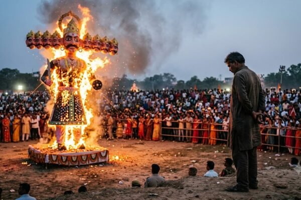 विजयादशमी पर जलते रावण के पुतले के सामने आत्ममंथन करता व्यक्ति