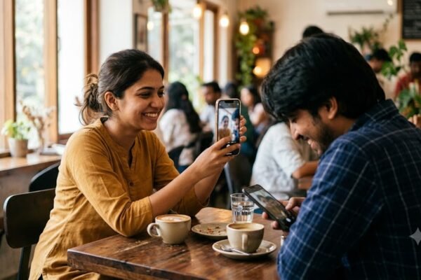 सोशल मीडिया पर नए रिश्ते की तस्वीर साझा करते युवा भारतीय जोड़े का दृश्य