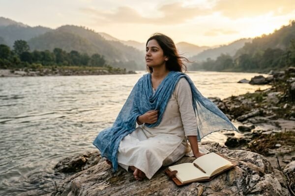 नदी के किनारे बैठी श्वेता, जो विरह की पीड़ा से निकलकर नई शुरुआत के बारे में सोच रही है।