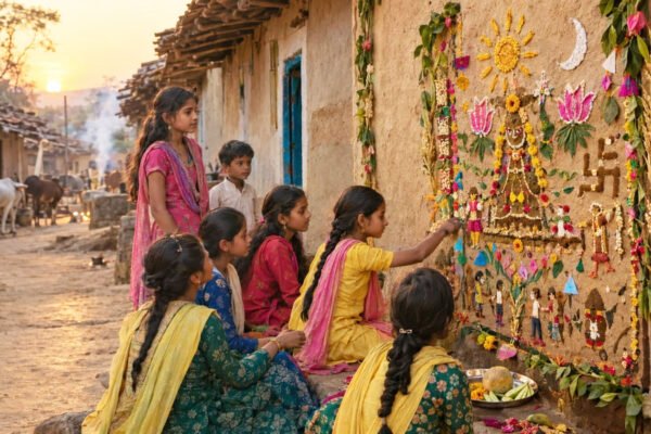 मालवा में संजा पर्व के दौरान किलाकोट बनाती ग्रामीण किशोरियां