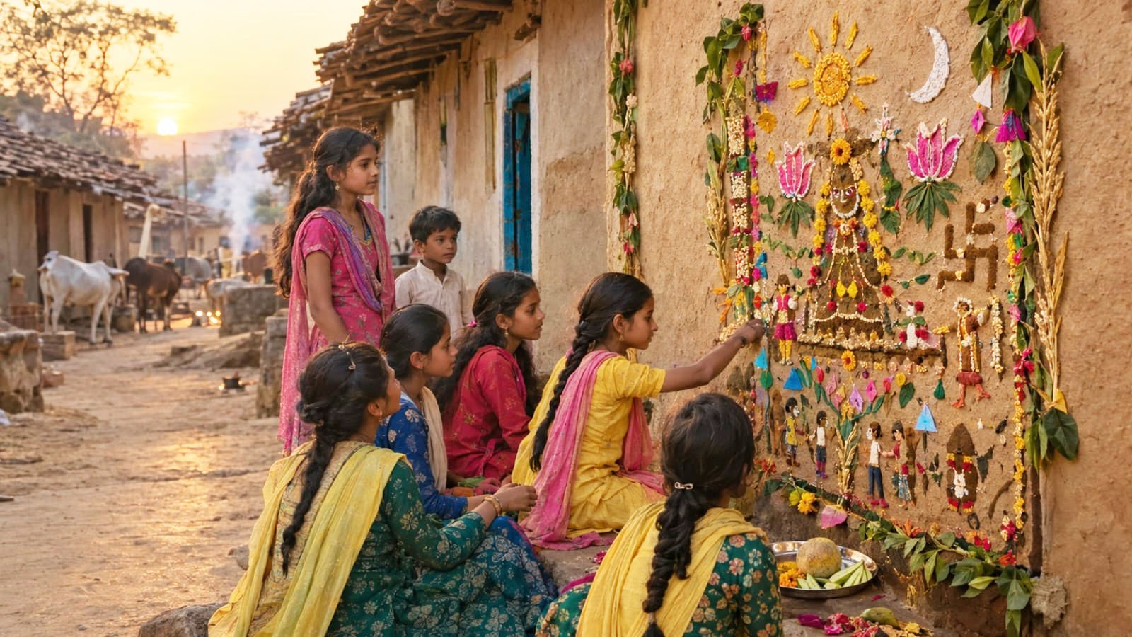 मालवा में संजा पर्व के दौरान किलाकोट बनाती ग्रामीण किशोरियां