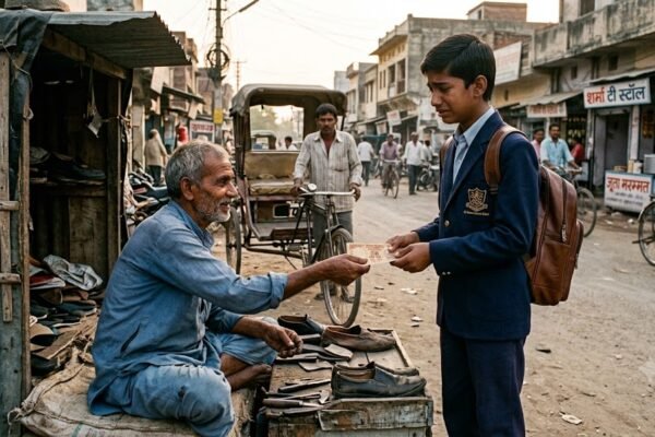 गरीब मोची बच्चे को रिक्शे के लिए पैसे देते हुए