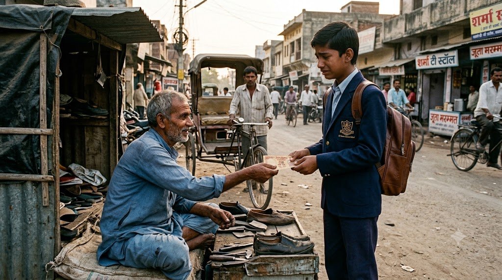 गरीब मोची बच्चे को रिक्शे के लिए पैसे देते हुए