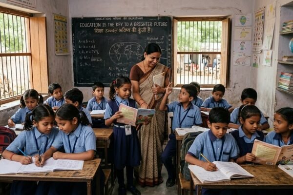 भारतीय विद्यालय में विद्यार्थियों को पढ़ाते शिक्षक