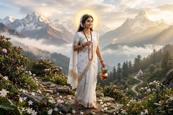श्वेत वस्त्र धारण किए जपमाला और कमंडल के साथ माँ ब्रह्मचारिणी का दिव्य स्वरूप