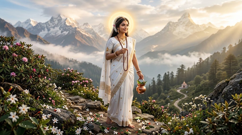 श्वेत वस्त्र धारण किए जपमाला और कमंडल के साथ माँ ब्रह्मचारिणी का दिव्य स्वरूप