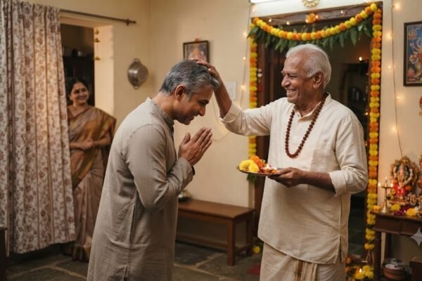 दशहरे पर शराब छोड़ने के बाद पिता का आशीर्वाद लेता बेटा