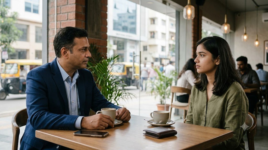 कैफे में बातचीत करते दो वयस्क, आधुनिक डेटिंग और रिश्तों की बदलती अवधारणा का प्रतीकात्मक दृश्य