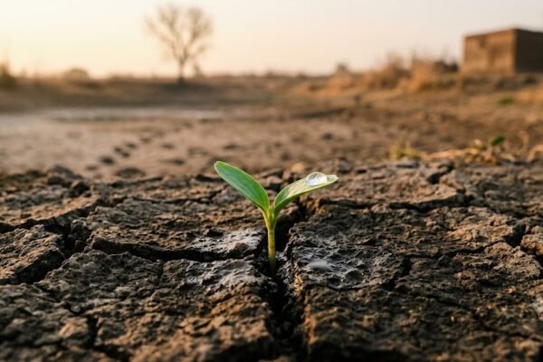 सूखी धरती पर उगता एक छोटा हरा अंकुर, जीवन और संवेदनाओं की नमी का प्रतीक