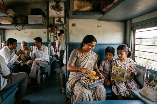पुरानी रेल यात्रा में भारतीय परिवार घर से लाई आलू-पूरी खाते हुए