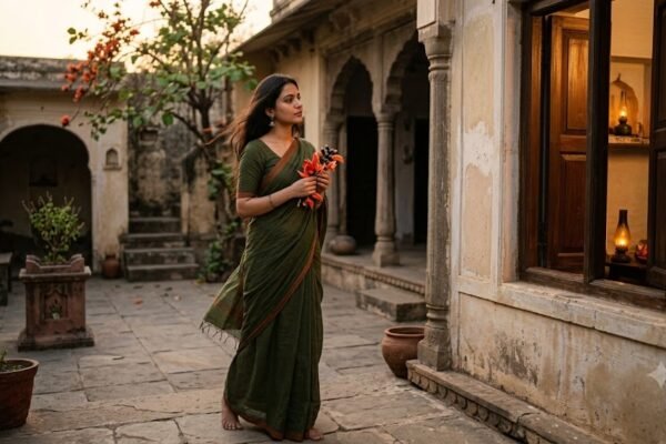 प्रेम की प्रतीक्षा में खड़ी स्त्री और पलाश के फूलों को दर्शाता भावपूर्ण दृश्य