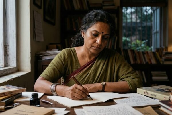 चूड़ियों वाले हाथ में कलम लिए लिखती भारतीय महिला लेखिका