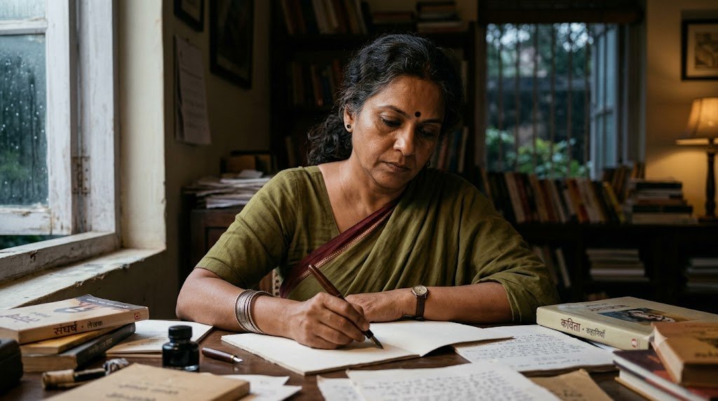 चूड़ियों वाले हाथ में कलम लिए लिखती भारतीय महिला लेखिका